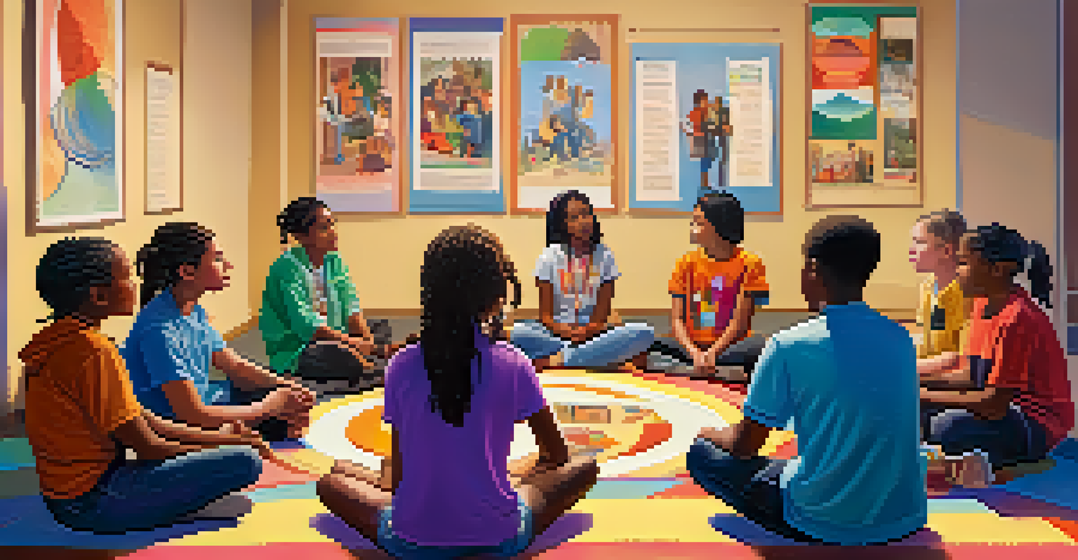 Students sitting in a circle with a talking stick, engaging in open dialogue in a colorful classroom decorated with values posters.