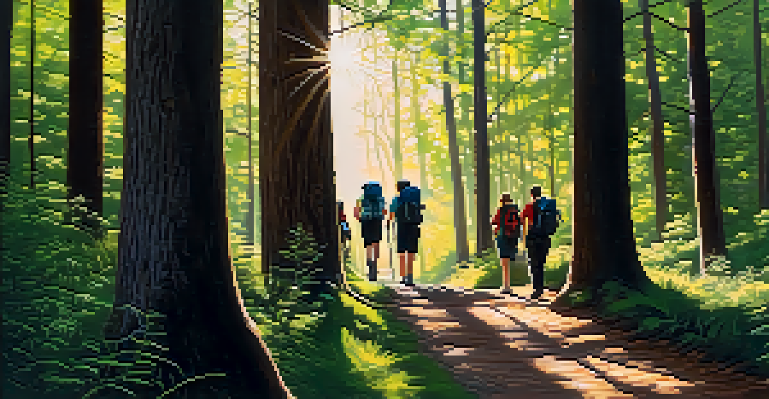 A group of friends hiking in a forest, practicing mindfulness and enjoying nature together, surrounded by sunlight and trees.