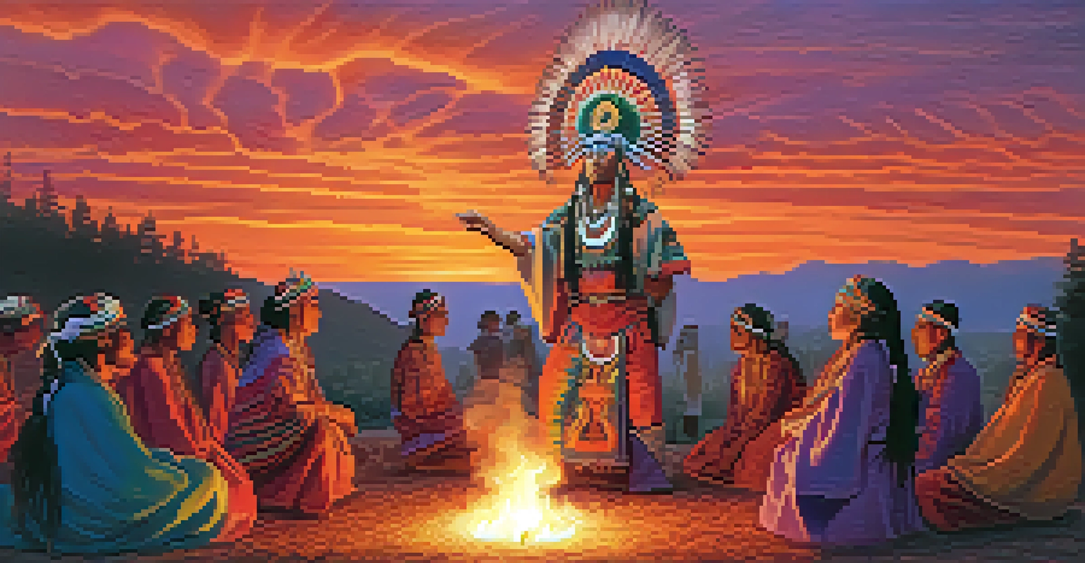 A shaman performing a dance around a fire during twilight, with colorful smoke and a vibrant sunset sky, creating a mystical atmosphere.