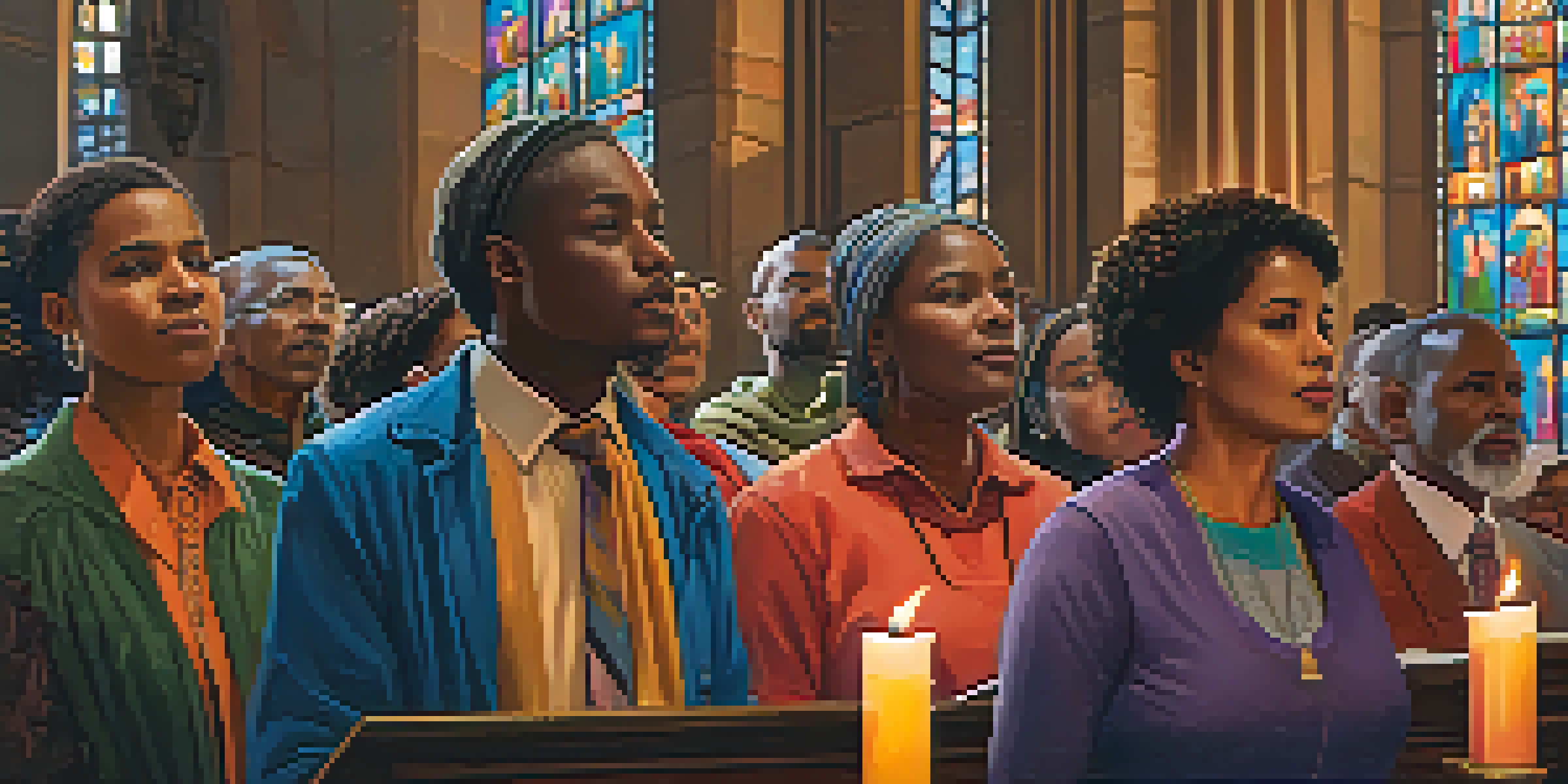 A diverse group of activists in a church holding candles and singing hymns, with stained glass windows illuminating their faces.