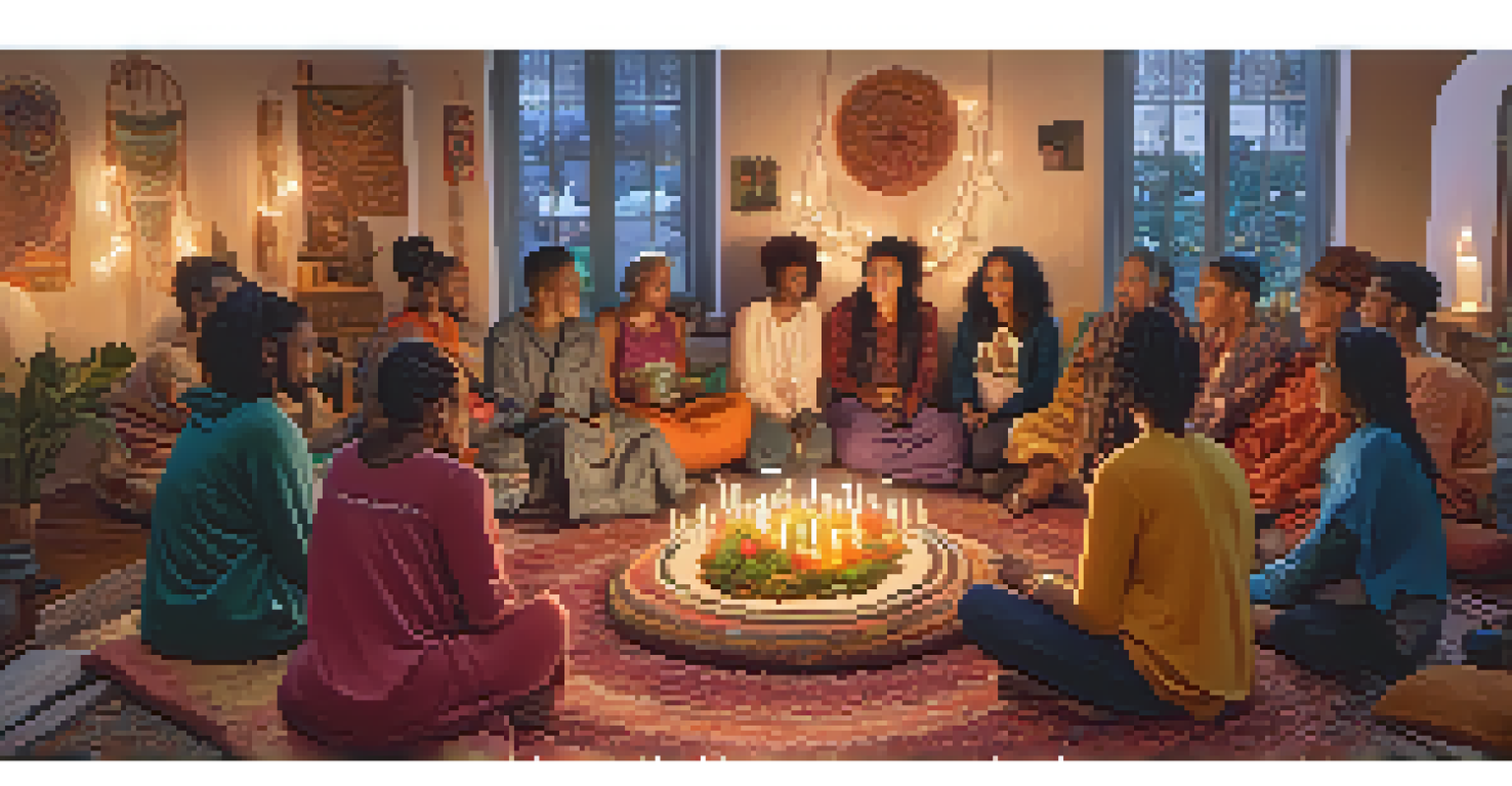 A diverse group of people gathered in a cozy room for a spiritual meeting, sharing stories in a warm atmosphere.