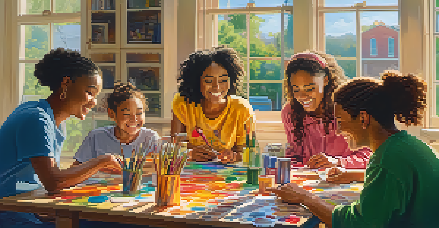 A group of friends enjoying a creative play session indoors, painting and crafting colorful art pieces together.