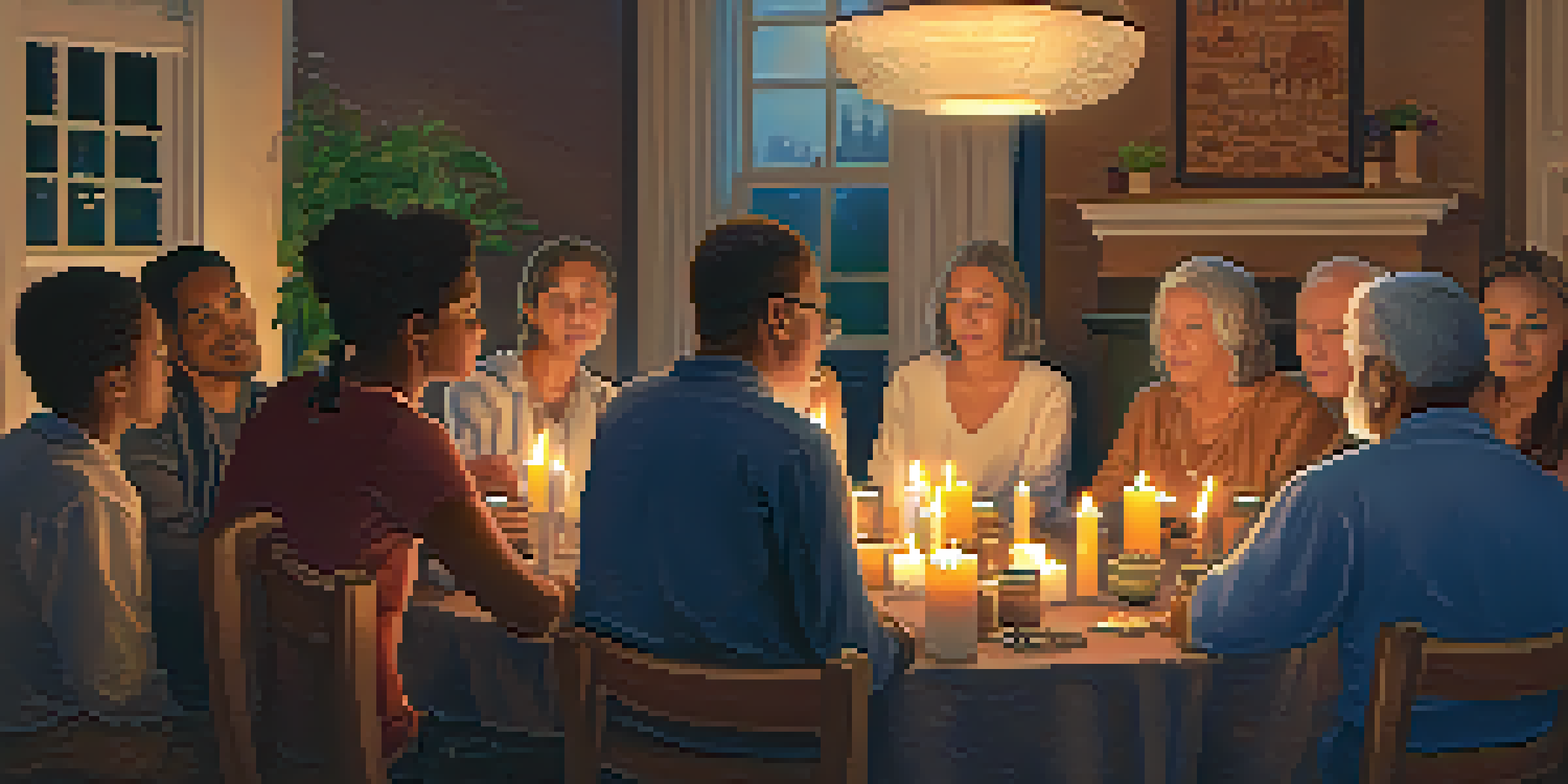 A community gathering in a cozy indoor setting with people in a discussion circle.