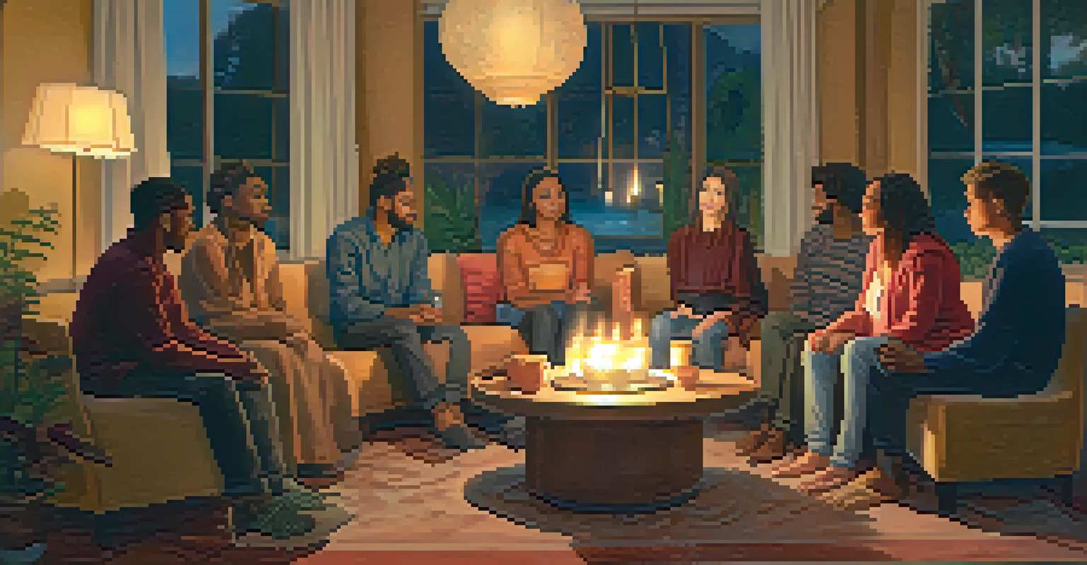 A group of diverse people sitting in a circle, sharing stories in a warmly lit room.