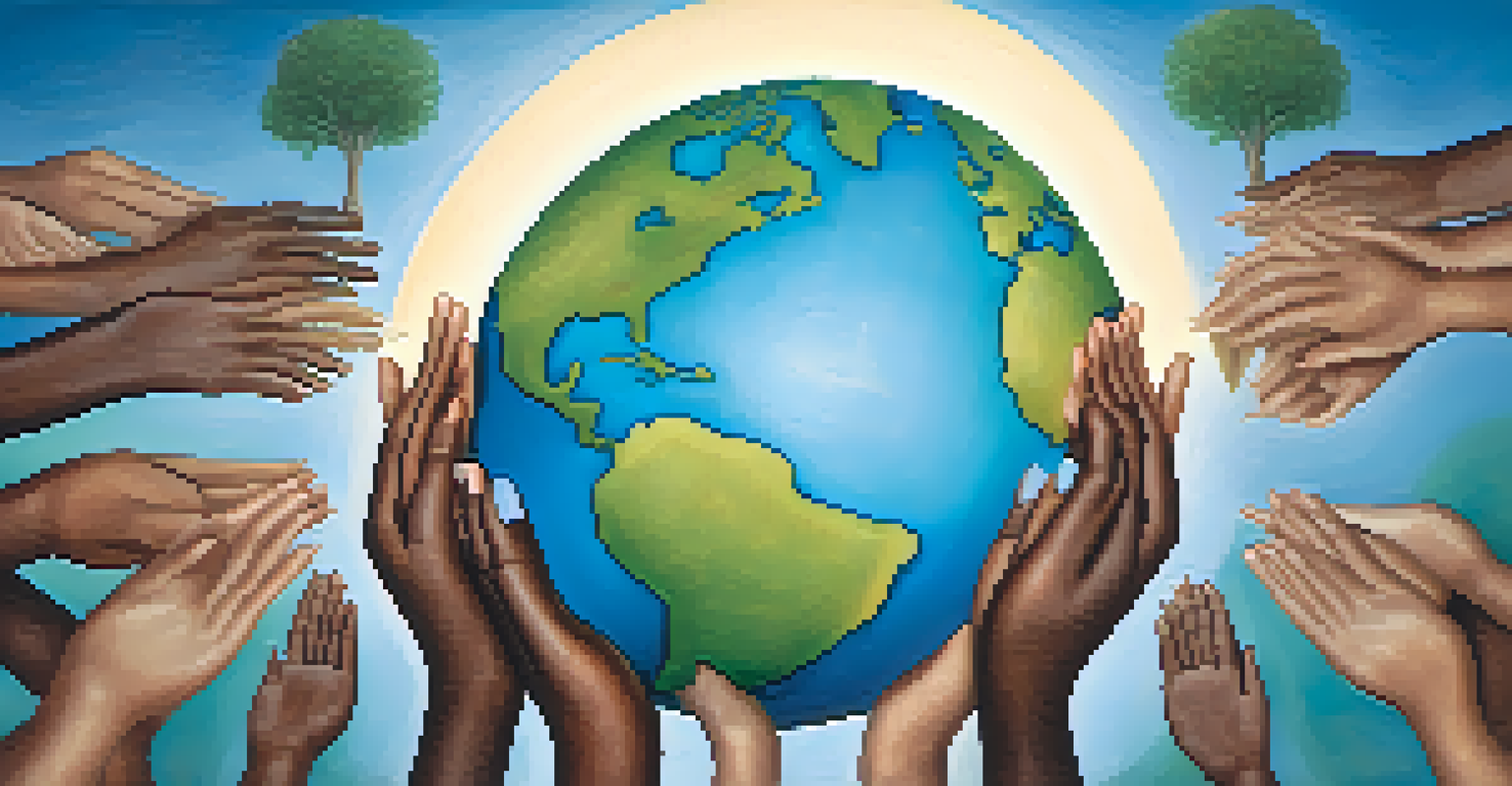 A globe cradled by diverse hands, decorated with symbols of well-being and sustainability, set against a soft blue-green gradient background.