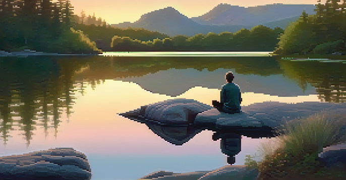 A person meditating by a calm lake during sunset, surrounded by trees and hills.