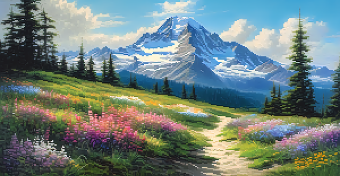 A tranquil mountain scene with colorful wildflowers in the foreground and a bright sky with sunlight breaking through clouds.