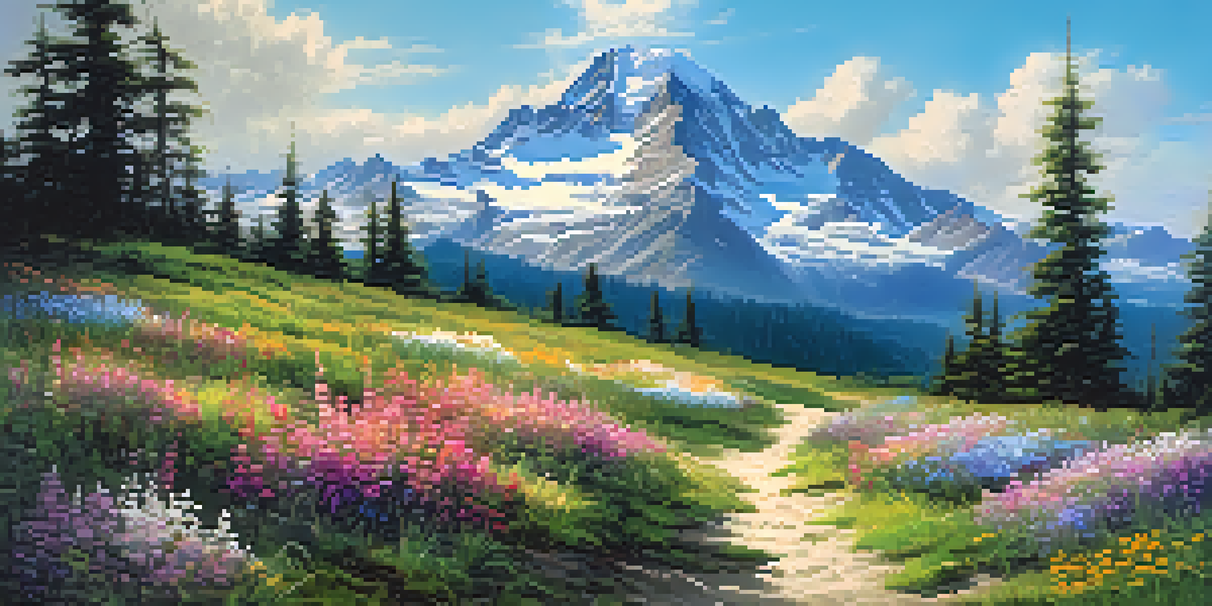 A tranquil mountain scene with colorful wildflowers in the foreground and a bright sky with sunlight breaking through clouds.