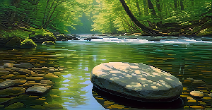 A peaceful river scene with a smooth stone at the edge, surrounded by a lush green forest and gentle sunlight filtering through the trees.