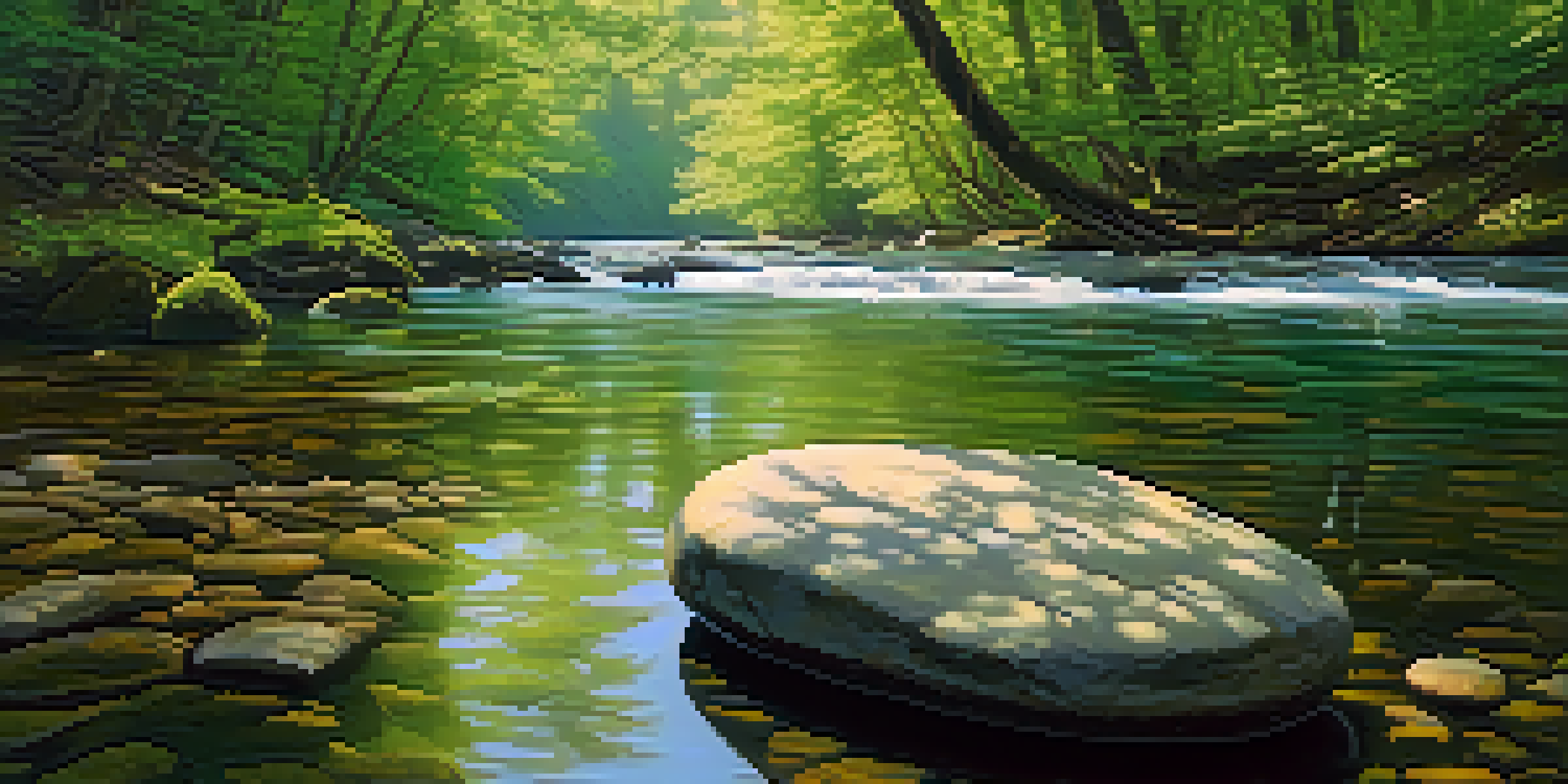 A peaceful river scene with a smooth stone at the edge, surrounded by a lush green forest and gentle sunlight filtering through the trees.