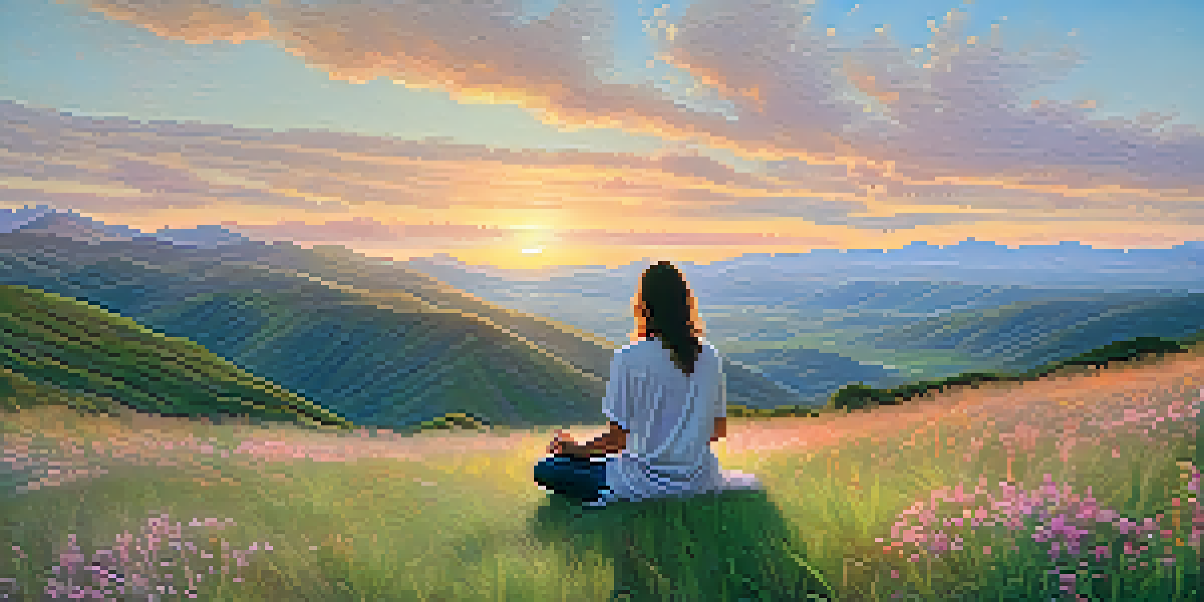 A peaceful sunrise landscape with a person praying on a grassy hill surrounded by wildflowers and mountains.