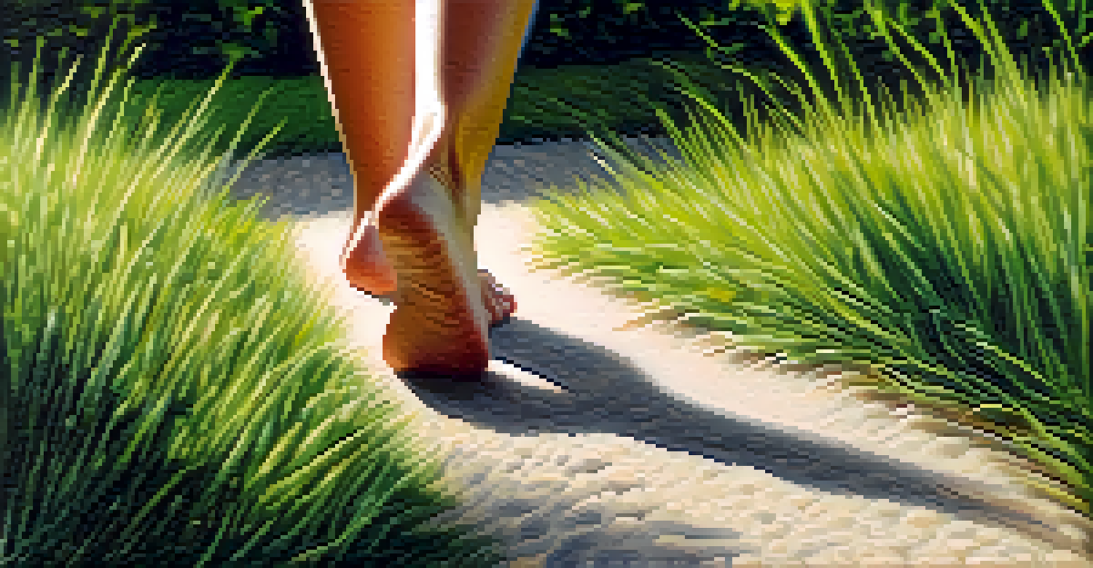 A close-up of feet stepping on a grassy path, with sunlight creating patterns on the ground, surrounded by greenery.