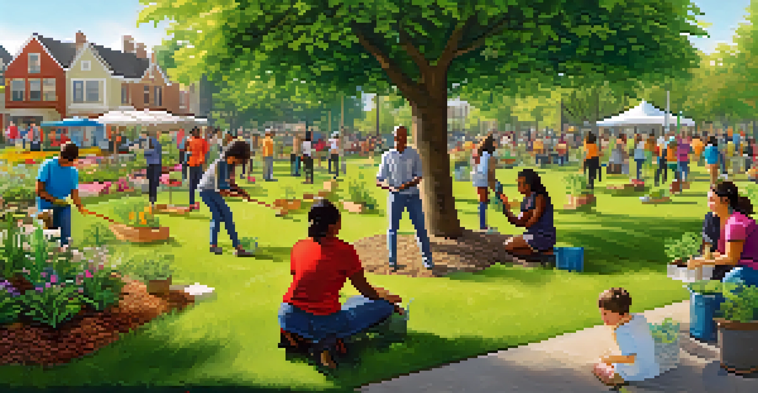 Diverse people volunteering together to plant trees in a sunny park, surrounded by greenery and flowers.