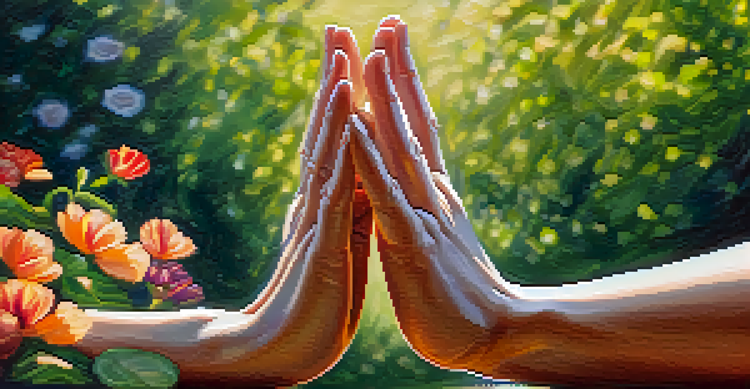 Close-up of hands in a mudra gesture with a blurred garden background of flowers and greenery.