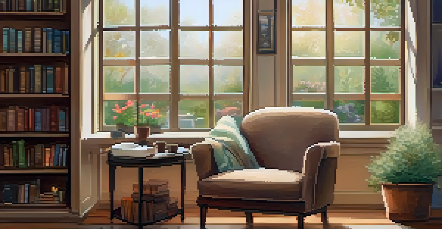 A cozy reading nook with an armchair, bookshelves, a cup of tea, and a journal, overlooking a peaceful garden.