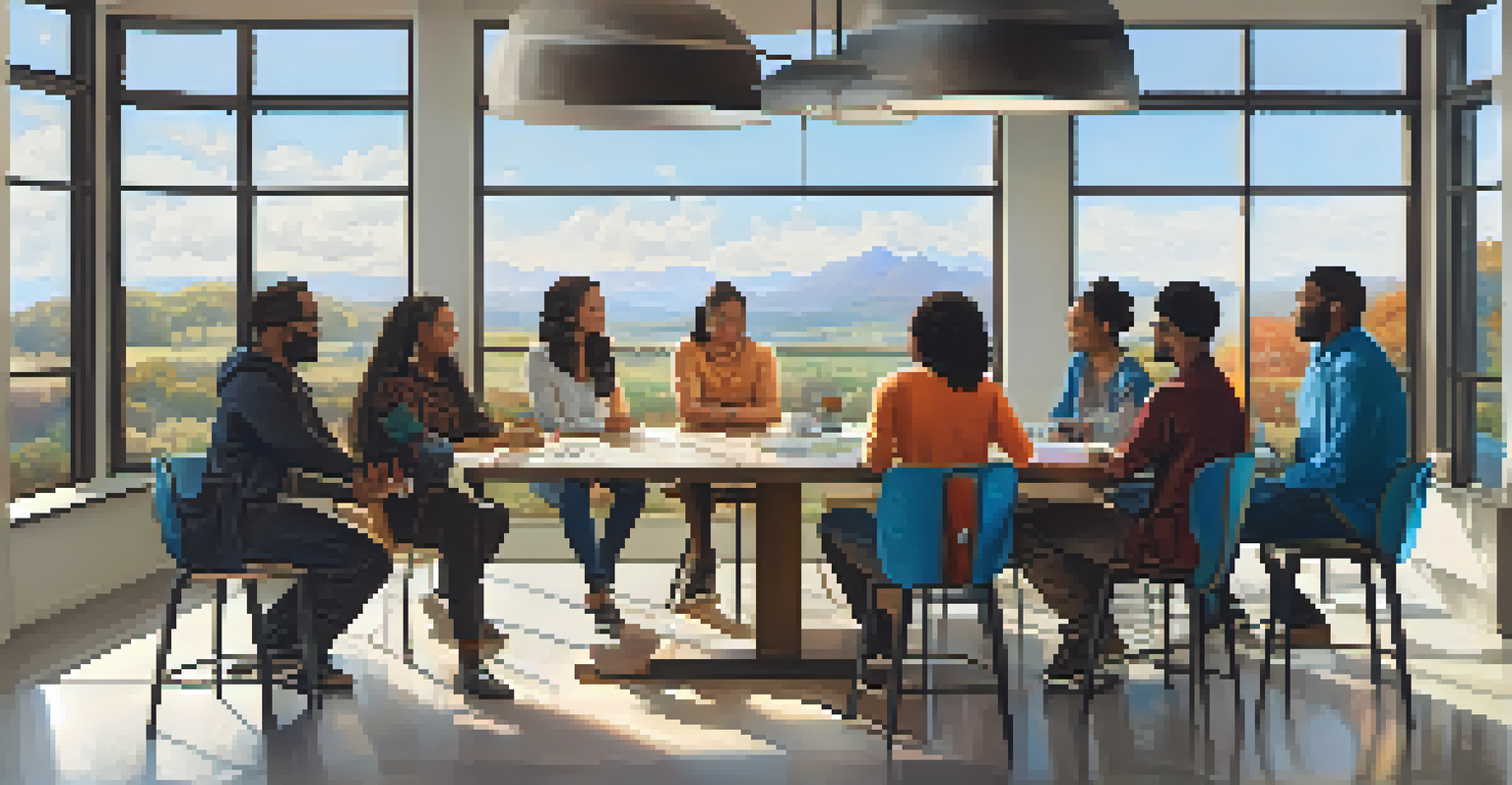 A diverse team discussing personal values at a bright table, with inspirational quotes and an outdoor view.