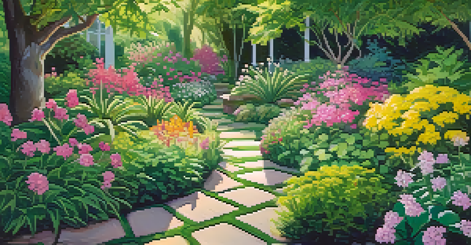 A lush green garden with colorful flowers and sunlight filtering through the leaves, featuring a stone path.