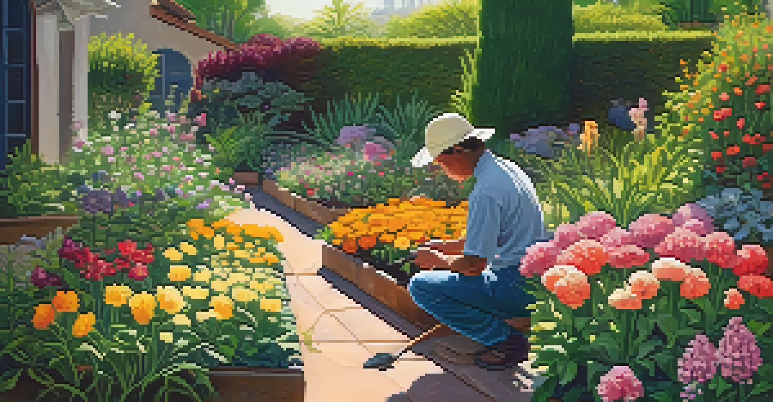 A gardener tending to a vibrant garden, pruning plants and surrounded by blooming flowers, symbolizing mindfulness.