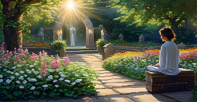 A person meditating in a tranquil garden during sunrise, surrounded by flowers and candles.