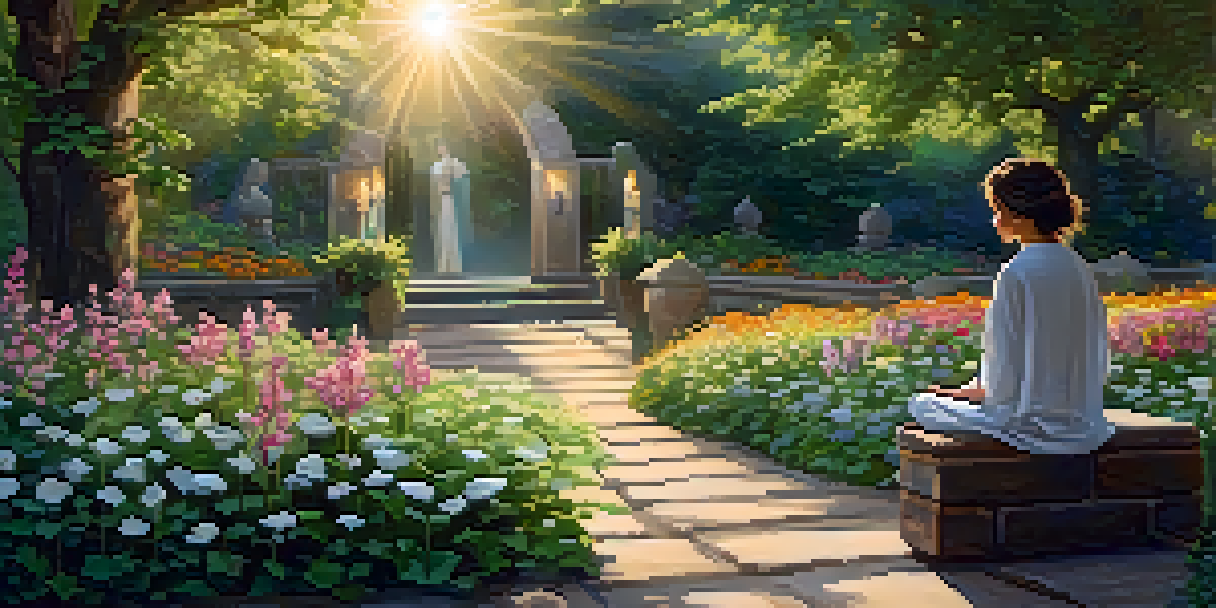 A person meditating in a tranquil garden during sunrise, surrounded by flowers and candles.