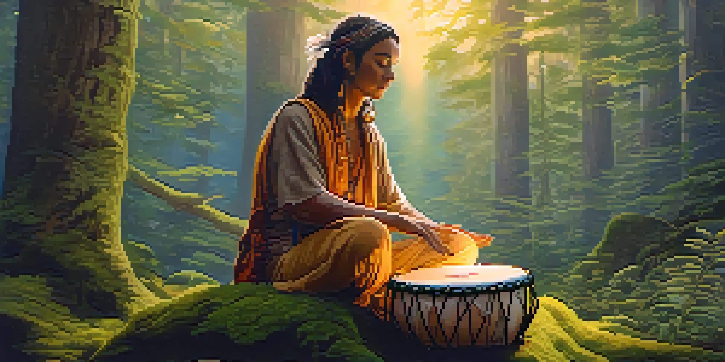 A shamanic practitioner meditating on a moss-covered stone in a tranquil forest during sunset, surrounded by trees and soft light.