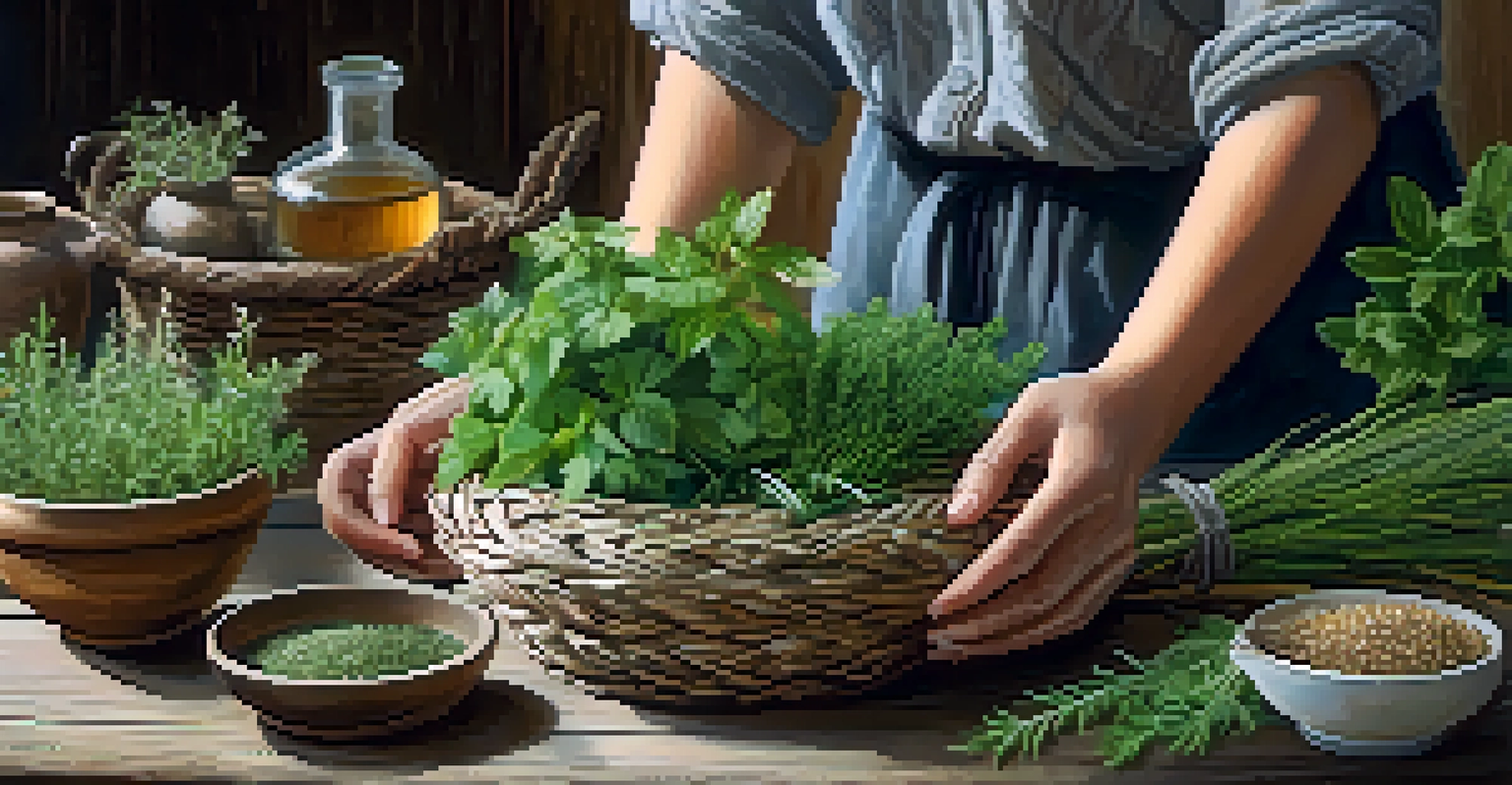 Close-up of hands preparing healing herbs on a rustic wooden table, with vibrant ingredients and a woven basket in the background.