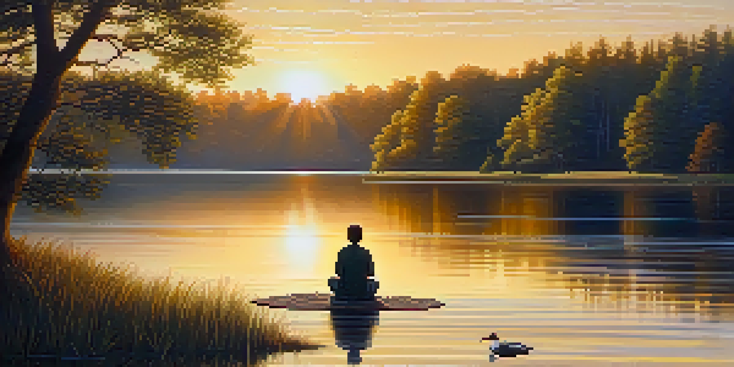 A peaceful landscape with a lake and trees, and a person kneeling in prayer on the grass with a serene expression.