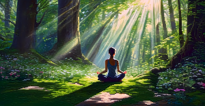 A person meditating in a peaceful forest, with sunlight filtering through the trees and a soft green moss patch below them.