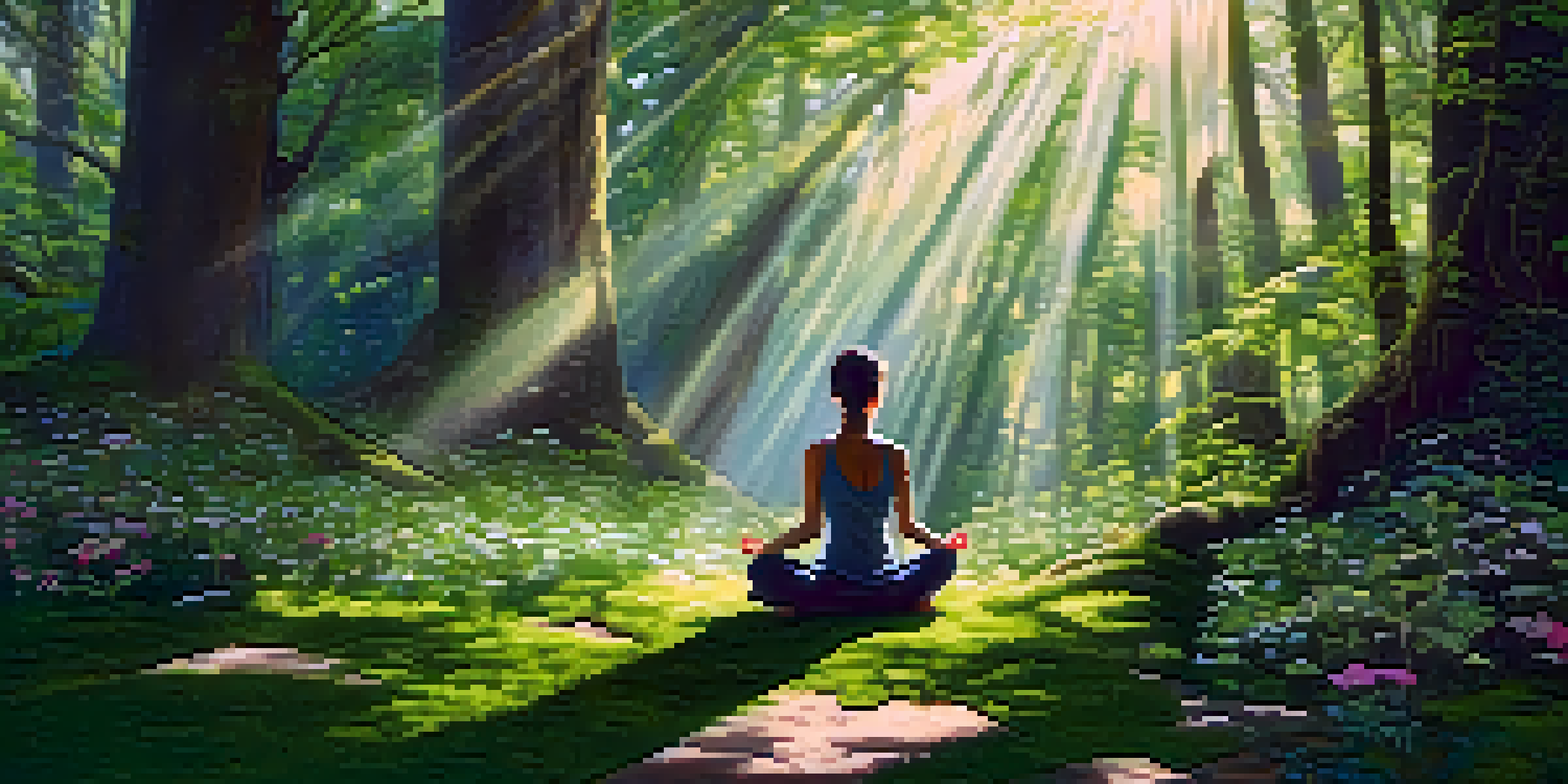 A person meditating in a peaceful forest, with sunlight filtering through the trees and a soft green moss patch below them.