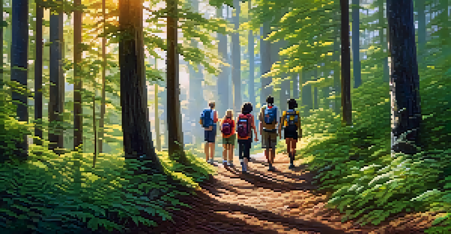 A diverse group of people hiking on a forest trail, surrounded by trees and greenery, enjoying their time together.