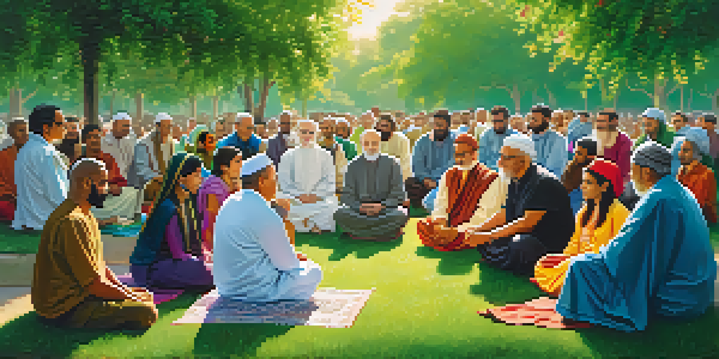 A diverse group of people from different religions engaged in a respectful conversation in a green park, surrounded by nature.