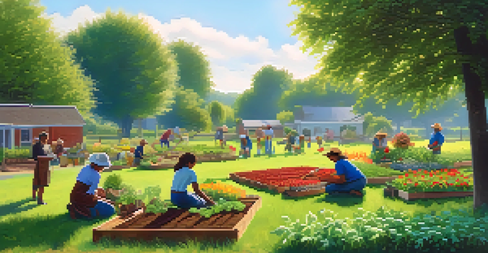 A diverse group of individuals working together in a community garden, planting flowers and vegetables under a clear blue sky.