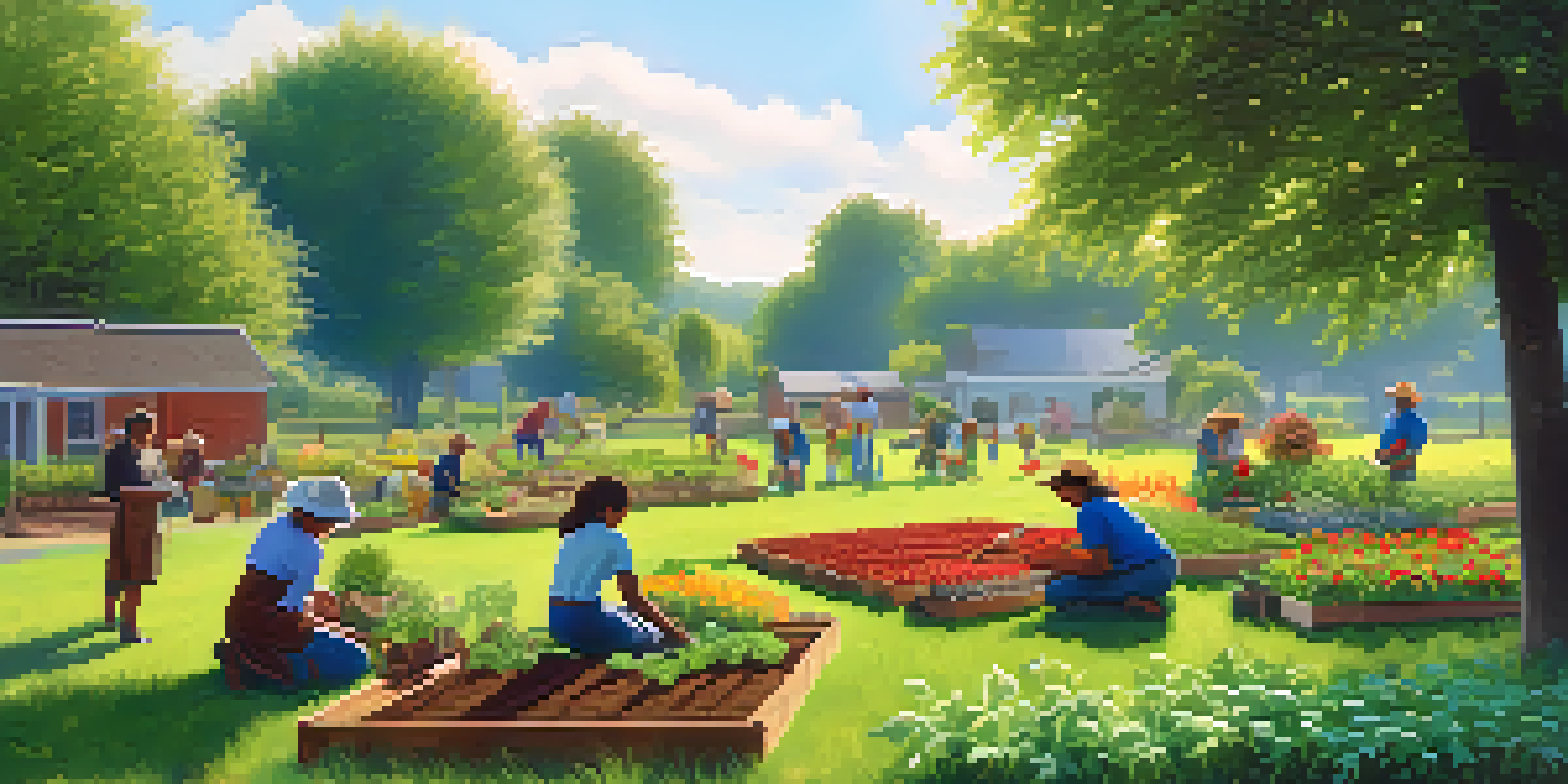 A diverse group of individuals working together in a community garden, planting flowers and vegetables under a clear blue sky.