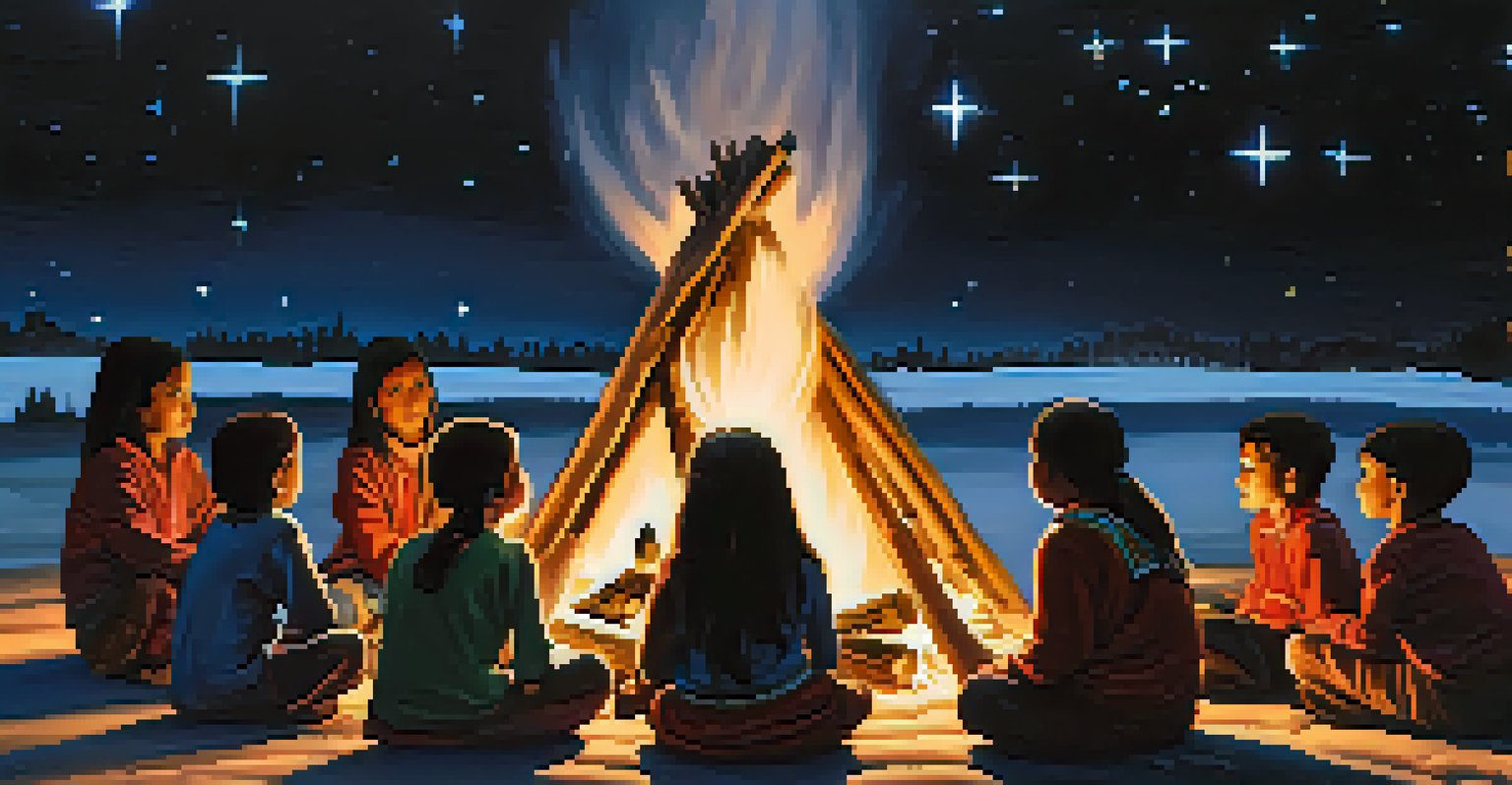 An Indigenous elder storytelling to children around a campfire, under a starry night sky, creating a warm and engaging atmosphere.