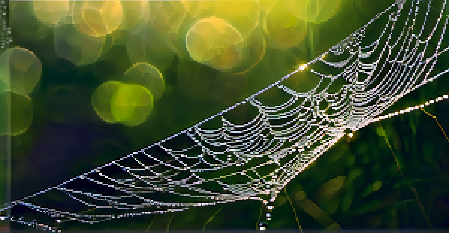 A close-up of a dew-covered spider web glistening in the morning light.