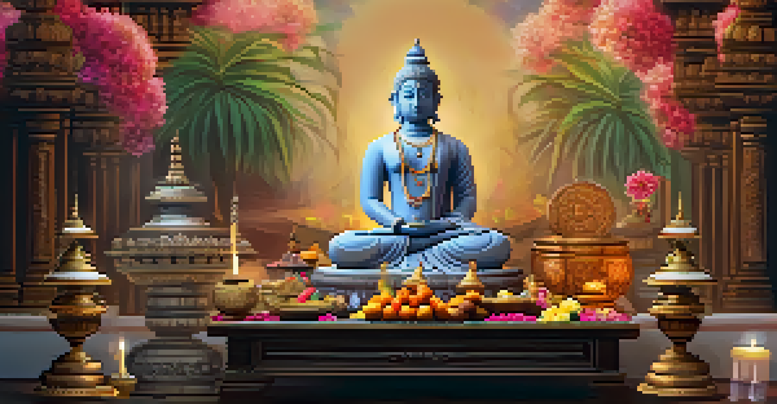 An altar setup with prasad offerings including sweets and fruits in front of a Hindu deity statue, surrounded by flowers and candles.
