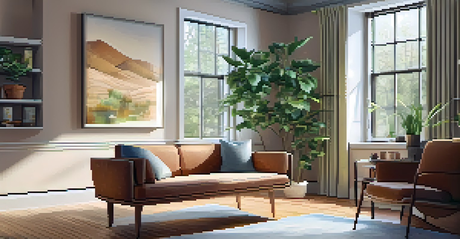 A cozy therapy room with warm lighting, comfortable chairs, and a bookshelf full of psychology books.