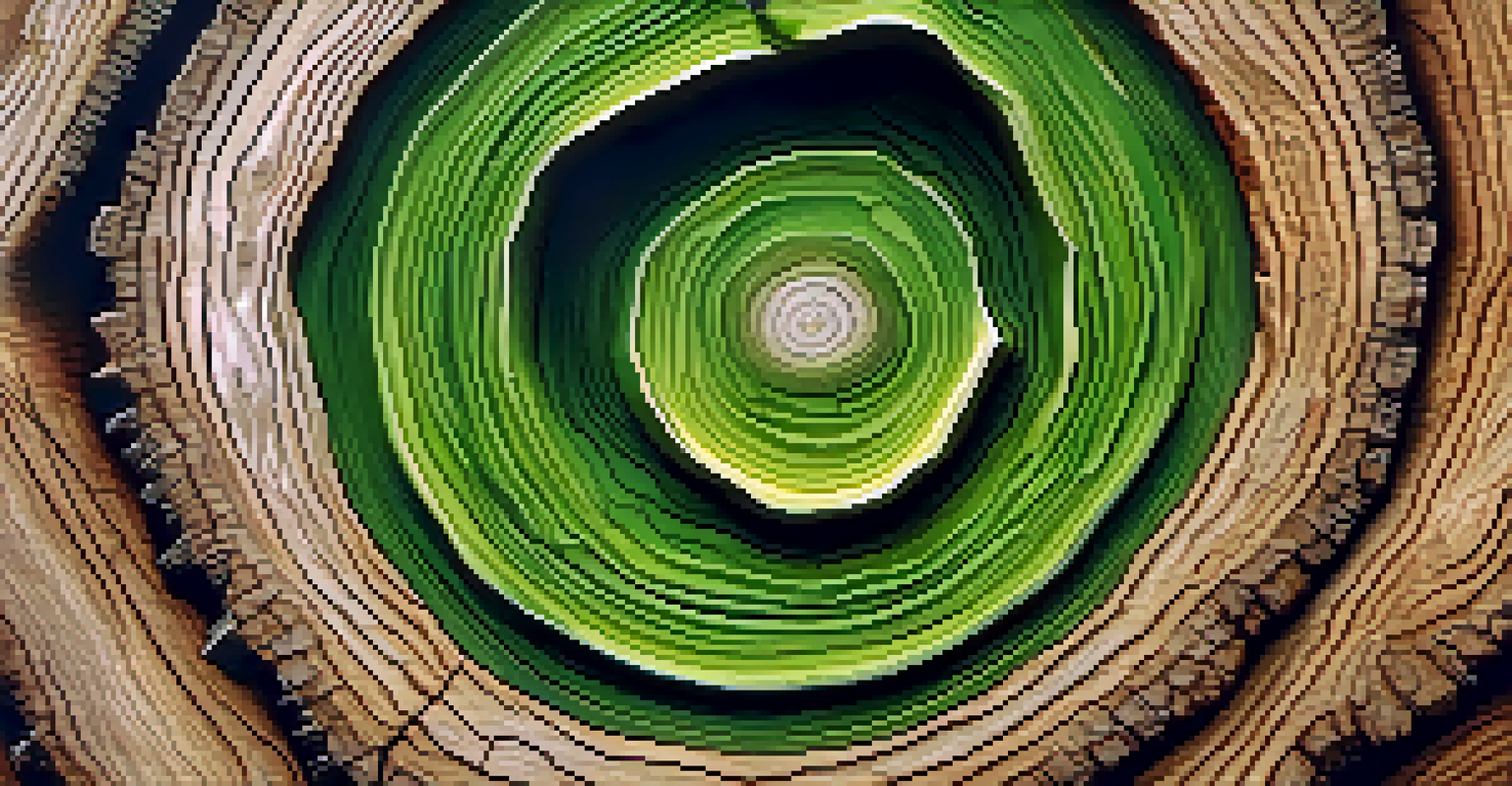 Close-up of a tree trunk displaying growth rings, illuminated by sunlight with surrounding green leaves.