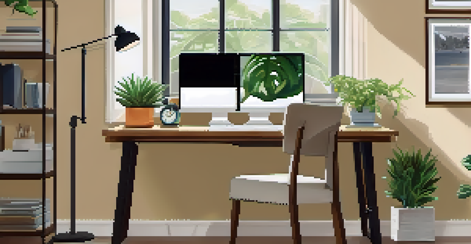 A tidy home office desk with a laptop, notepad, and plant, illuminated by soft natural light.