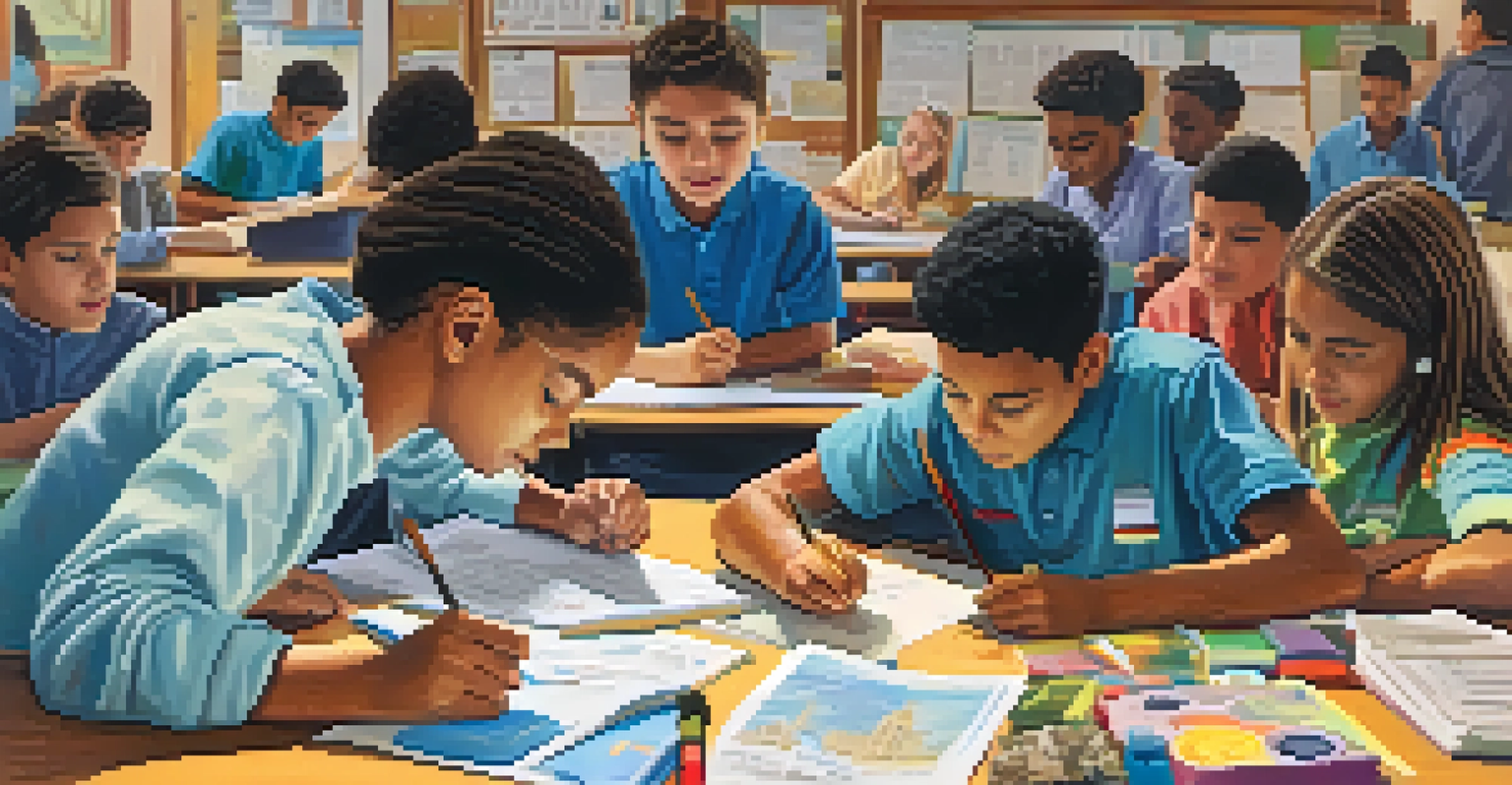 Students collaborating on a project about religious holidays in a classroom, with books and art supplies scattered on the table, showcasing a vibrant learning environment.
