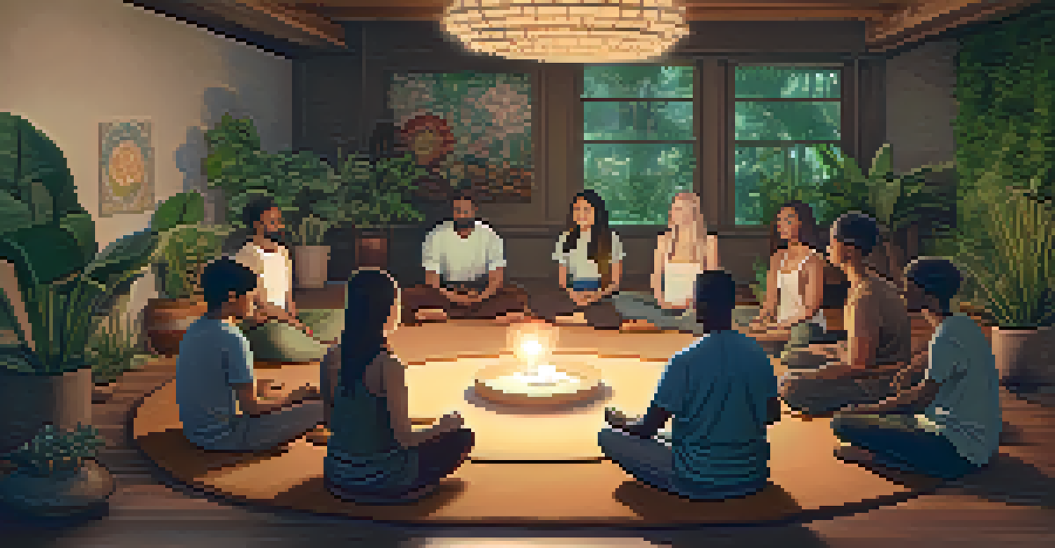 A group of diverse individuals meditating in a cozy room, surrounded by plants and soft lighting.