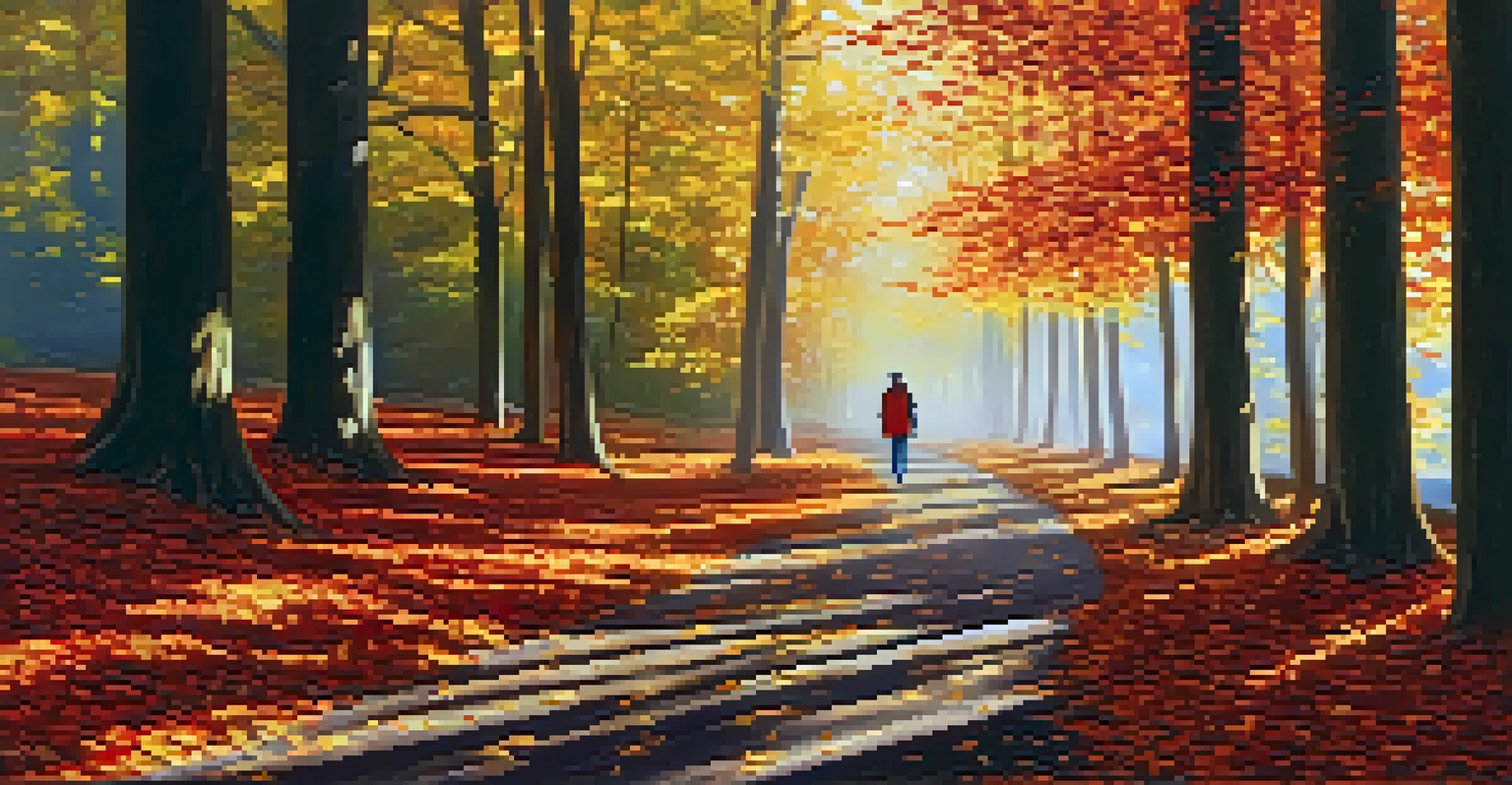 A peaceful autumn forest pathway with colorful leaves and sunlight filtering through the trees, depicting a solitary walk in nature.