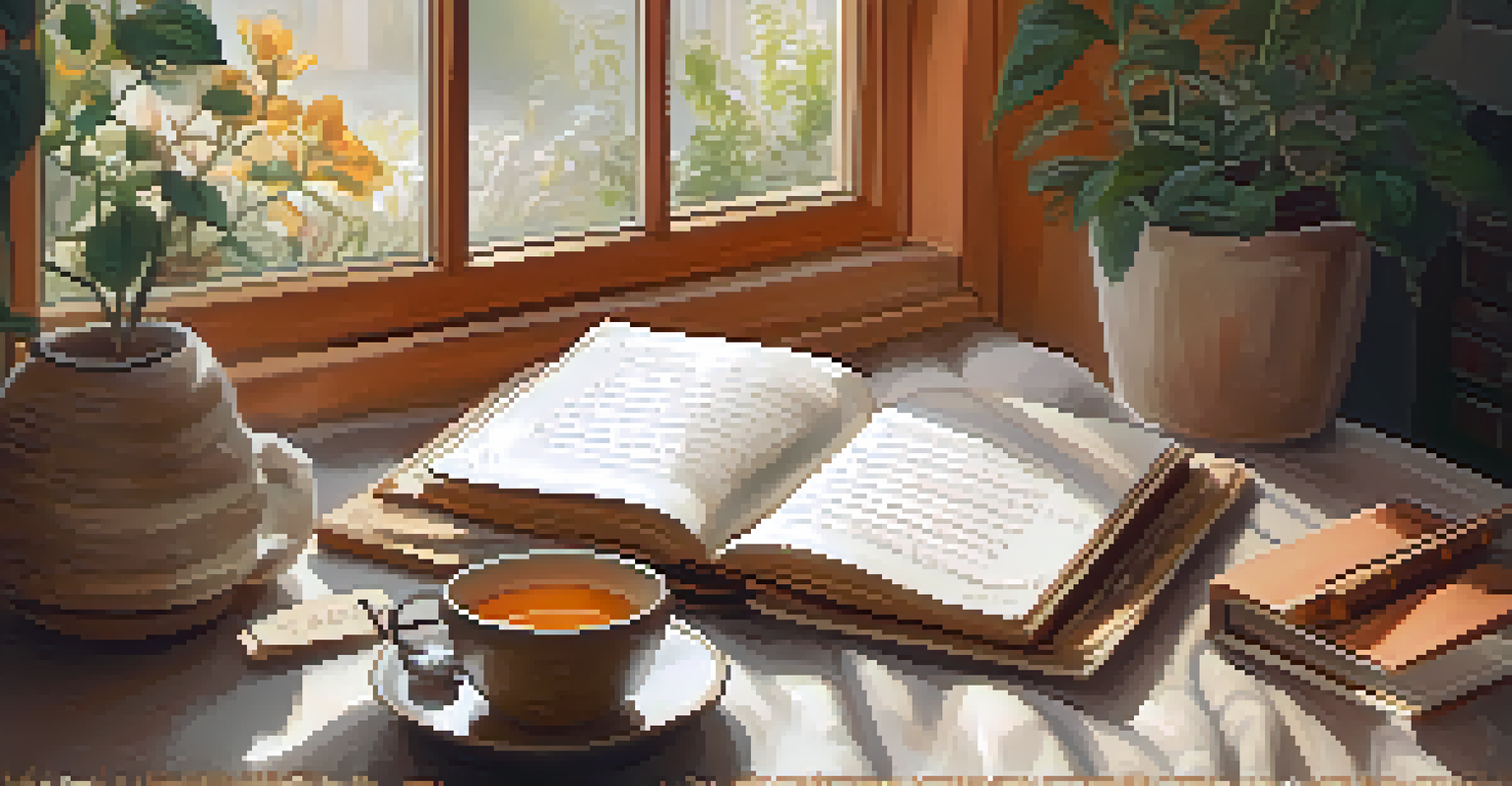 A person journaling with a cup of tea, surrounded by blankets and a view of a garden.