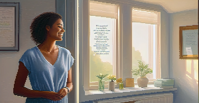 A person smiling confidently in front of a bathroom mirror, surrounded by sticky notes with positive affirmations, illuminated by warm morning light.