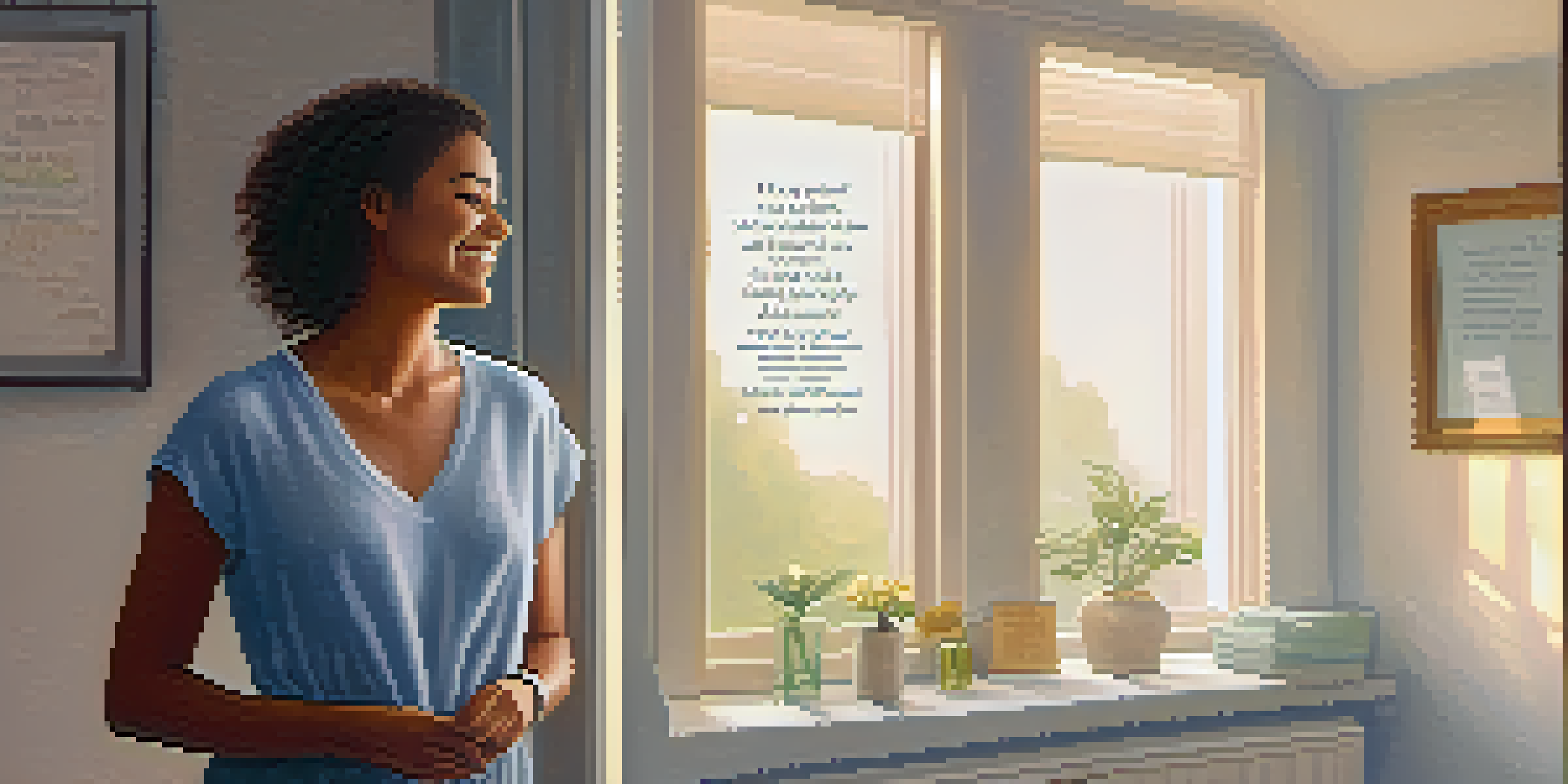 A person smiling confidently in front of a bathroom mirror, surrounded by sticky notes with positive affirmations, illuminated by warm morning light.
