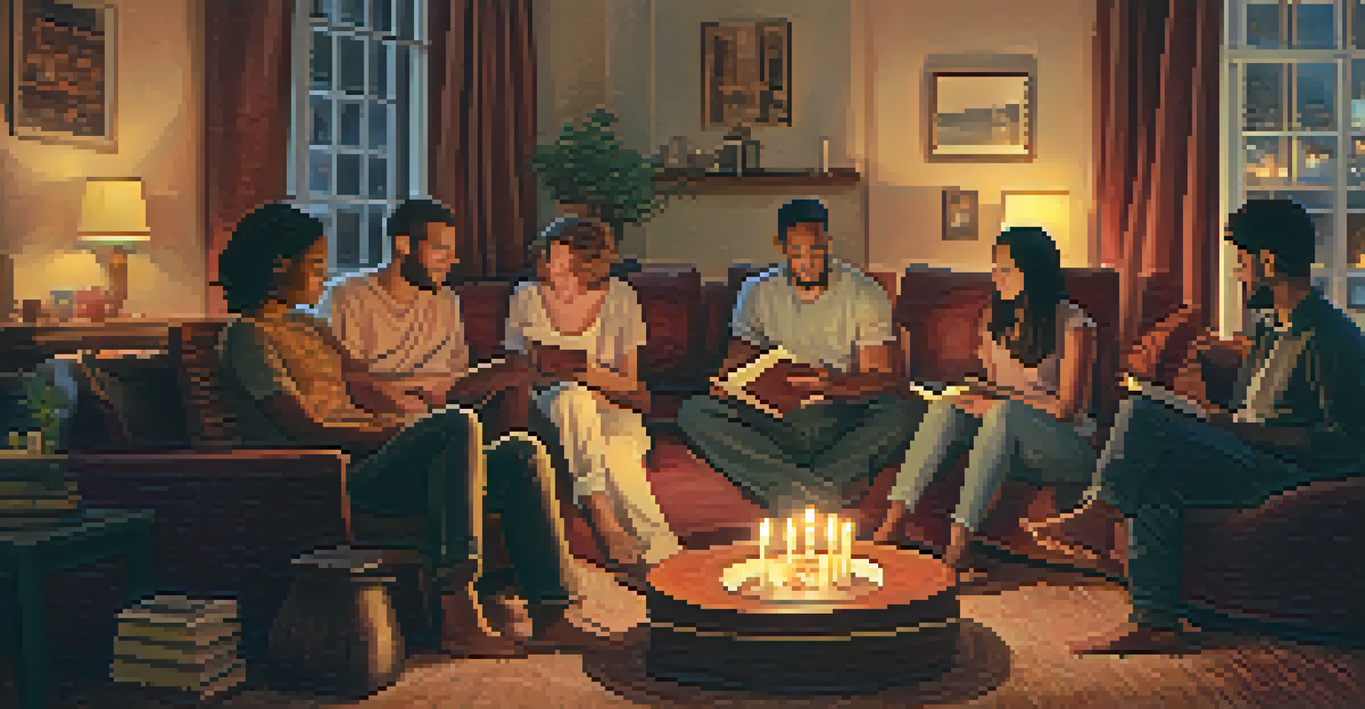 A cozy room with a group of people sitting on cushions, engaged in a deep discussion surrounded by candles and books.