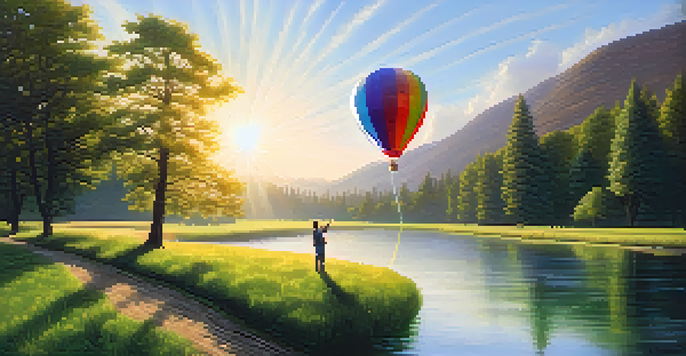 A tranquil river scene with a person letting go of a colorful balloon, representing forgiveness and emotional release.