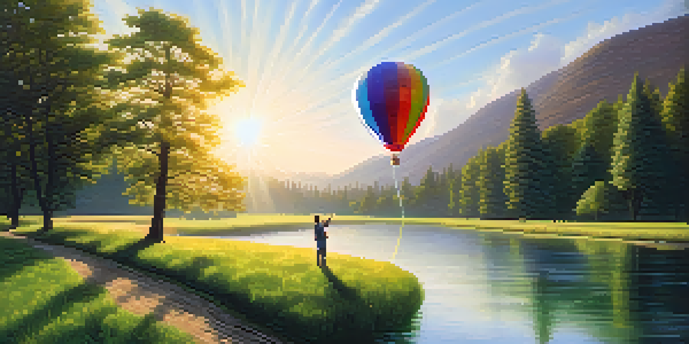 A tranquil river scene with a person letting go of a colorful balloon, representing forgiveness and emotional release.