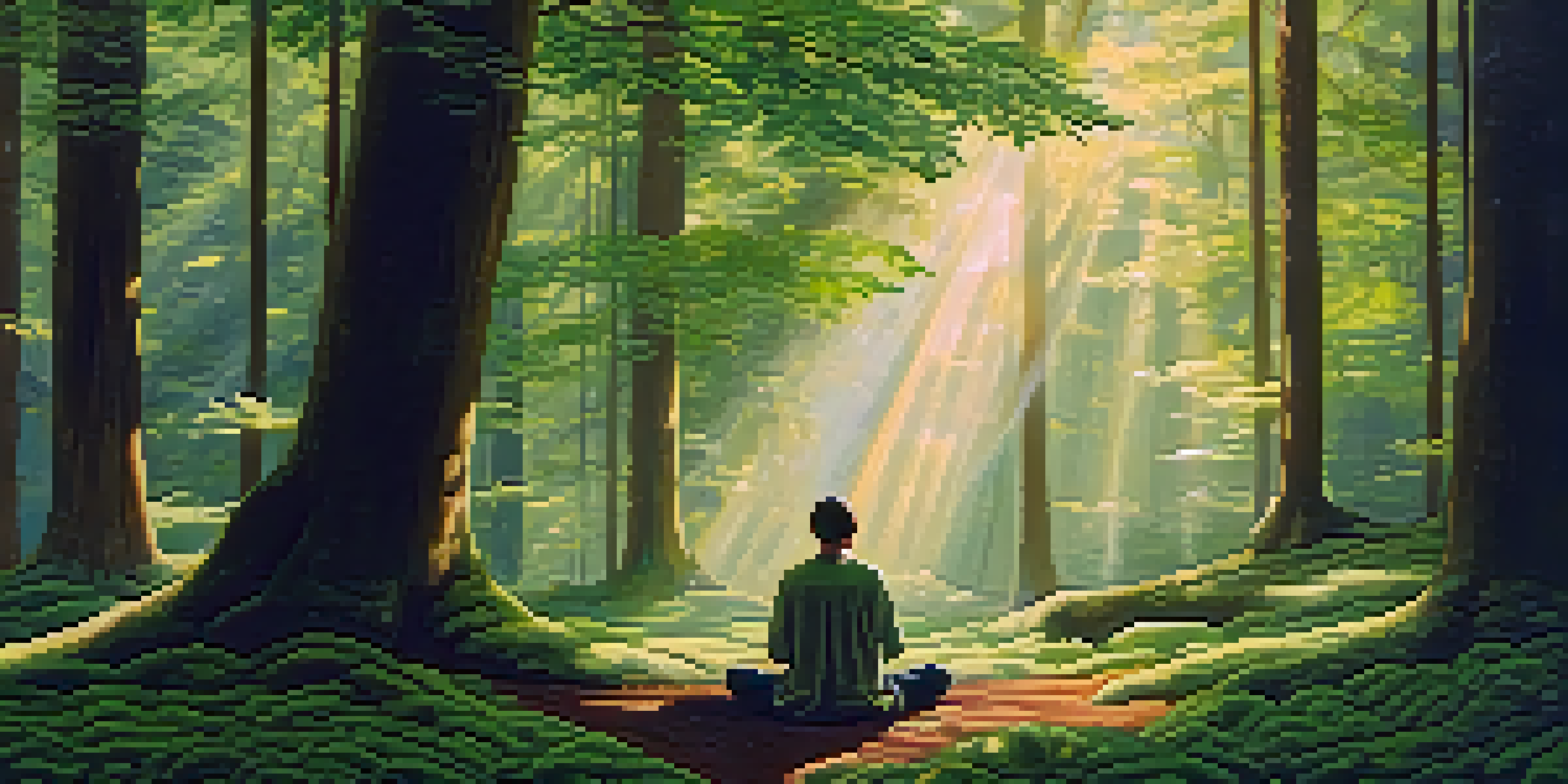 A person meditating in a peaceful forest, surrounded by trees and soft moss.