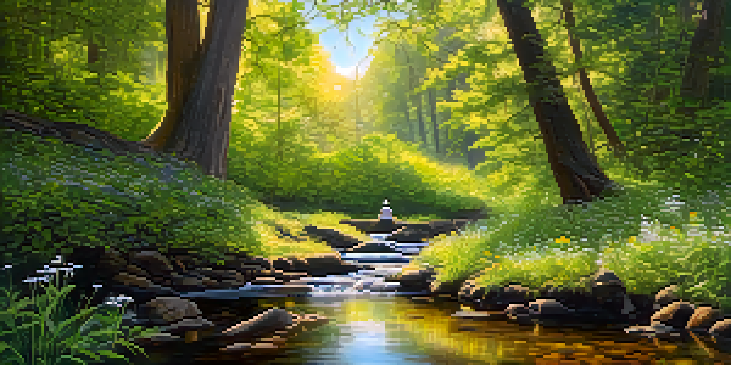 A peaceful forest scene with sunlight shining through leaves, a stream flowing, and a person practicing yoga on a mat.